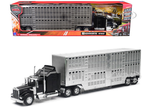 Kenworth W900 Truck Black with Pot Belly Livestock Chrome Long Haul Truckers Series 1/32 Diecast Model New Ray 10783A
