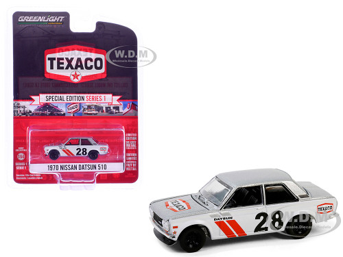 1970 Nissan Datsun 510 #28 Texaco Silver Metallic and White with Red Stripes Texaco Special Edition Series 1 1/64 Diecast Model Car Greenlight 41165C