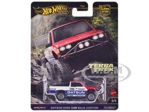 Datsun King Cab Baja Custom Pickup Truck #720 White Blue Red Hood Terra Trek Series Diecast Model Car Hot Wheels HRV71