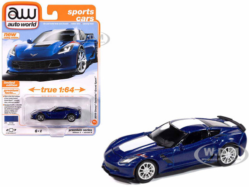 2018 Chevrolet Corvette Grand Sport Admiral Blue with White Stripe Sports Cars Series 1/64 Diecast Model Car Auto World 64452-AWSP176B