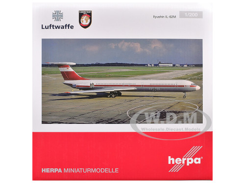 Ilyushin IL 62M Commercial Aircraft German Luftwaffe 11 22 White with Red Stripes 1/200 Diecast Model Airplane Herpa HE573412