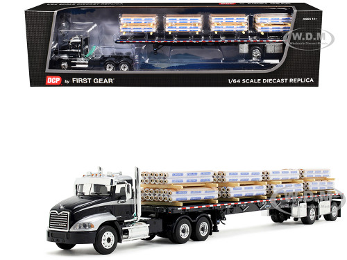Mack Pinnacle Day Cab with Minimizer Parts & 53 Wilson Roadbrute Flatbed Trailer with Carlisle Roofing Loaded Pallets Black with Silver Top and Stripes 1/64 Diecast Model DCP/First Gear 60-1954
