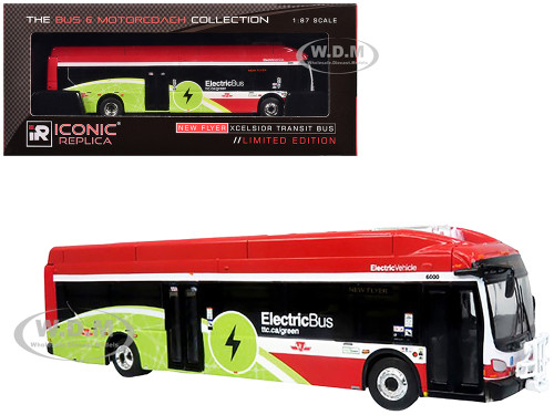 New Flyer Xcelsior Charge NG Electric Transit Bus TTC Toronto Transit Commission Red and Green with White Stripes The Bus & Motorcoach Collection 1/87 HO Diecast Model Iconic Replicas 87-0579