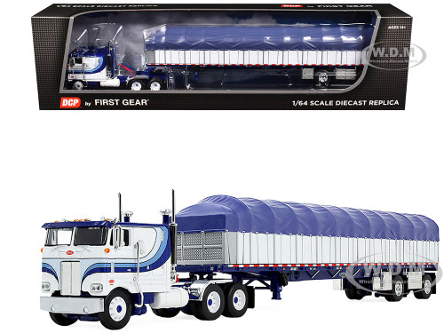 Peterbilt 352 COE 110 Sleeper and 53 Wilson Roadbrute Flatbed Trailer with Covered Wagon White with Blue Stripes 1/64 Diecast Model DCP/First Gear 60-2057