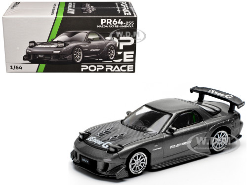 Mazda RX7 FD RE Amemiya Widebody RHD Right Hand Drive Gunmetal Gray Metallic with Carbon Hood 1/64 Diecast Model Car Pop Race PR640255