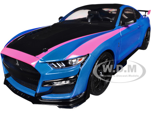Ford Mustang Shelby GT500 Blue Metallic with Pink Stripes and Black Hood and Top Pink Slips Series 1/18 Diecast Model Car Jada 35723