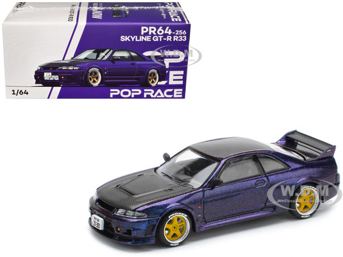 Skyline GT R R33 RHD Right Hand Drive Midnight Purple Metallic with Carbon Hood 1/64 Diecast Model Car Pop Race PR640256