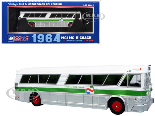 1964 MCI MC 5A Coach Bus Golden Gate Transit White with Green Stripes Vintage Bus & Motorcoach Collection Limited Edition to 504 pieces Worldwide 1/87 (HO) Diecast Model Iconic Replicas 87-0626