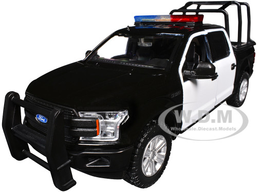 2019 Ford F 150 Lariat Crew Cab Pickup Truck with Bed Cage Black and White with Flashing Light Bar and Front and Rear Lights and Sounds 1/24 1/27 Diecast Model Car Motormax 79543BKW