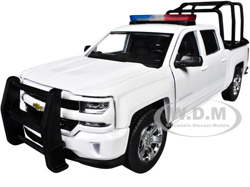 2017 Chevrolet Silverado 1500 LT Z71 Crew Cab Pickup Truck with White with Flashing Light Bar and Front and Rear Lights and Sounds 1/24 1/27 Diecast Model Car Motormax 79547W