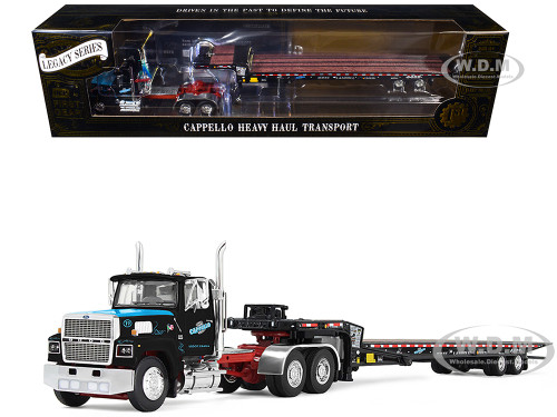 Ford LTL 9000 Day Cab and Landoll 440B 50CA Traveling Axle Trailer Cappello Heavy Transport Black with Blue Hood Legacy Series #3 1/64 Diecast Model DCP/First Gear 69-2174