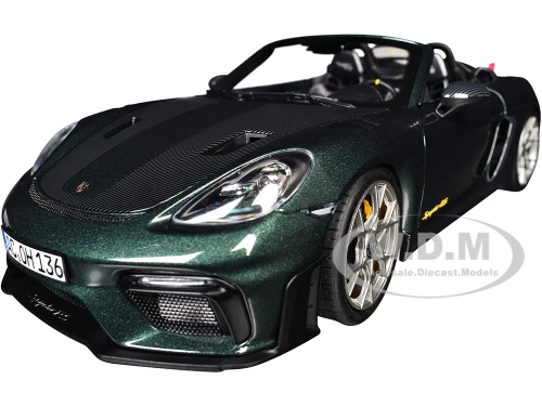 2023 Porsche 718 Spyder RS Weissach Pack Forest Green Metallic with Carbon Hood Stripes 1/18 Diecast Model Car Norev 187272