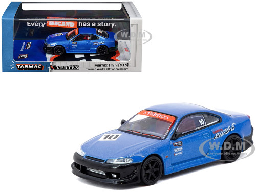 Nissan Vertex Silvia S15 RHD Right Hand Drive #10 Tarmac Works 10th Anniversary Blue Metallic Global64 Series 1/64 Diecast Model Car Tarmac Works T64G-023-10TH