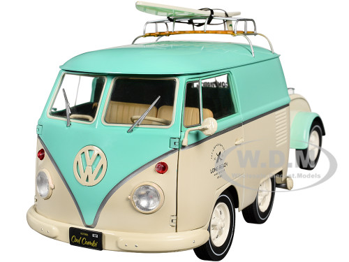 2024 Volkswagen Cool Combi Van with Trailer Long Beach Surfing Club Mint Green and Cream with Roof Rack and Surfboard 1/18 Diecast Model Car Solido S1810905