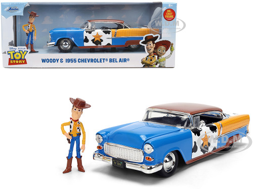 1955 Chevrolet Bel Air Blue with Graphics and Woody Diecast Figure Toy Story Franchise Hollywood Rides Series 1/24 Diecast Model Car Jada 37430