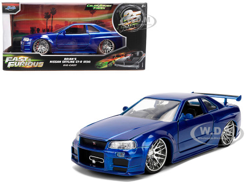Brian s Nissan Skyline GT R R34 RHD Right Hand Drive Blue Color Brush Finish 25 Years of Fast & Furious Anniversary 2 Fast 2 Furious 2003 Movie Fast & Furious Series 1/24 Diecast Model Car Jada 37704