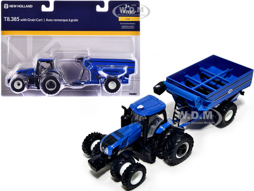 New Holland T8.385 Tractor with J&M Grain Cart Blue 1/64 Diecast Model by ERTL TOMY 61032