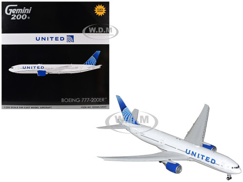 Boeing 777 200ER Commercial Aircraft with Flaps Down United Airlines N798UA White with Blue Tail Gemini 200 Series 1/200 Diecast Model Airplane GeminiJets G2UAL1260F