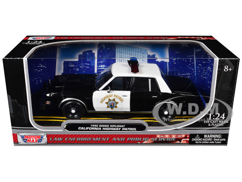 1986 Dodge Diplomat Police Car California Highway Patrol Black and White Law Enforcement and Public Service Series 1/24 Diecast Model Car Motormax 76466CHP