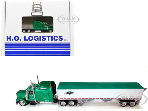 Kenworth W900L Truck Tractor with Sleeper Cab Cargill Green and Covered Grain Trailer White with Green Tarp Combo Set 1/87 (HO) Plastic Model Car HO Logistics HL-90011-465