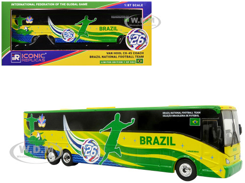 Van Hool CX 45 Coach Bus Brazil National Football Team Yellow and Green with Graphics International Federation of the Global Game Series Limited Edition to 504 pieces Worldwide 1/87 (HO) Diecast Model Iconic Replicas 87-0716