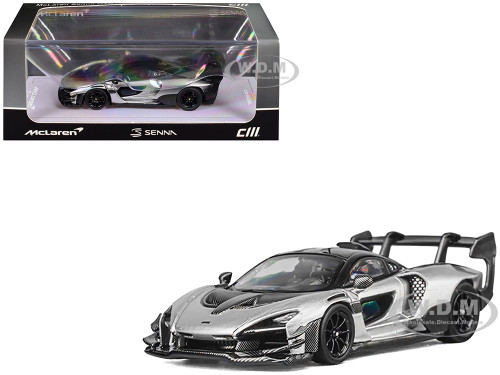 McLaren Senna GTR Silver Gray Metallic with Carbon Hood and Black Top 1/64 Diecast Model Car CM Model CM64-SENNAGTR-11