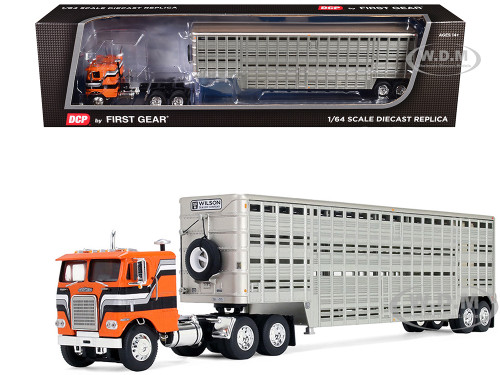 Freightliner COE and 45 Wilson Vintage Livestock Trailer Orange with Stripes 1/64 Diecast Model DCP/First Gear 60-2290