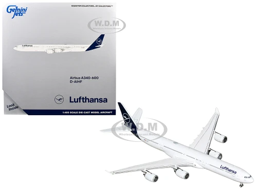 Airbus A340 600 Commercial Aircraft Lufthansa D AIHF White with Dark Blue Tail 1/400 Diecast Model Airplane GeminiJets GJDLH2398