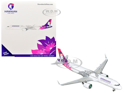 Airbus A321neo Commercial Aircraft Hawaiian Airlines N209HA White with Purple Tail Graphics 1/400 Diecast Model Airplane GeminiJets GJHAL2415
