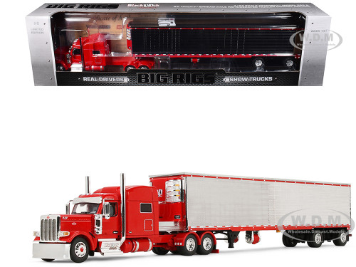Peterbilt 589 with 58 Mid Roof Sleeper and 50 Wilson Pacesetter Grain Trailer Silver Metallic with Orange Stripes 1/64 Diecast Model DCP/First Gear 60-2173