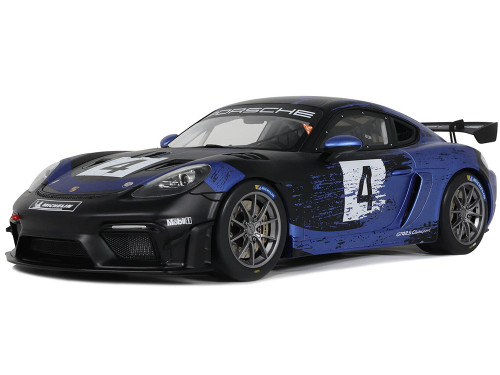 2021 Porsche Cayman 718 GT4 RS Clubsport #4 Black with Blue Graphics Limited Edition to 999 pieces Worldwide 1/18 Model Car Otto Mobile OT469