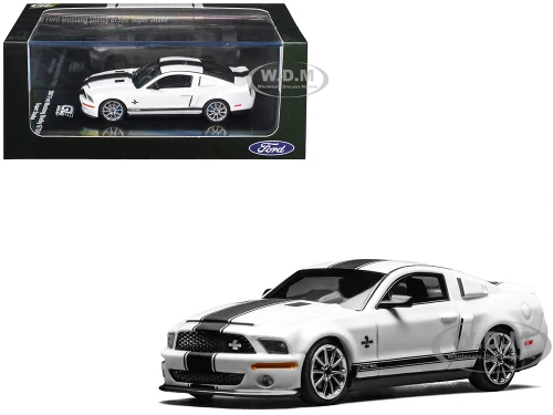 2007 Ford Mustang Shelby GT500 Super Snake Performance White with Matt Black Stripes 1/64 Diecast Model Car MotorHelix & Greenlight GL-1251006A