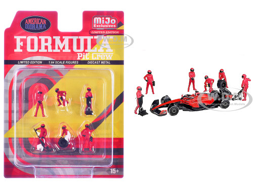 Formula Pit Crew Team Red 6 piece Diecast Figure Set 6 Figures Limited Edition for 1/64 Scale Models American Diorama AD-2443MJ