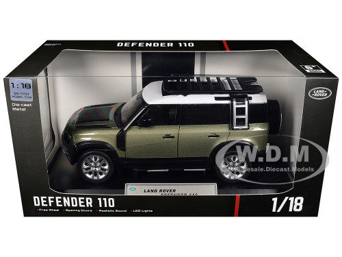 Land Rover Defender 110 Green Metallic with White Top and Roof Rack 1/18 Diecast Model Car Heimanba Q1002A-GRN