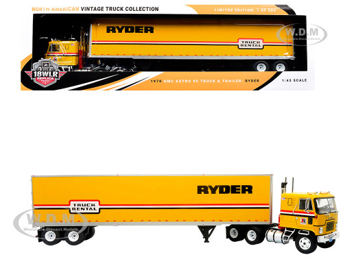 1970 GMC Astro 95 Tractor with Dry Van Trailer Ryder Truck Rental Yellow with Stripes North American Vintage Truck Collection Limited Edition to 504 pieces Worldwide 1/43 Diecast Model Iconic Replicas 43-0662