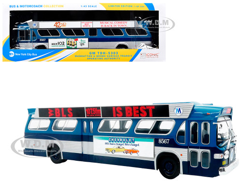 1963 GM TDH 5303 Transit Bus MTA New York City Surface Transit Blue Two Tone with Graphics The Bus & Motorcoach Collection Limited Edition to 504 pieces Worldwide 1/43 Plastic Model Iconic Replicas 43-0666