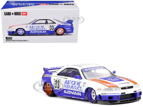 Nissan Skyline GT R R33 RHD Right Hand Drive #33 BFTHR V1 Blue and White with Graphics Designed by Jun Imai Kaido House Special 1/64 Diecast Model Car Mini GT KHMG213