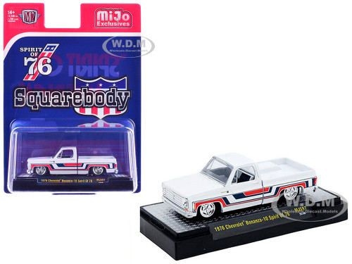 1976 Chevrolet Silverado Bonanza 10 Pickup Truck Spirit of  76 White with Blue and Red Graphics Limited Edition to 12100 pieces Worldwide 1/64 Diecast Model Car M2 Machines 31500-MJS97