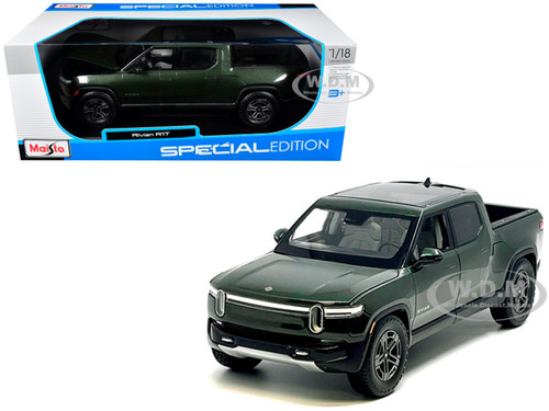 Rivian R1T Pickup Truck Dark Green Metallic with Sunroof Special Edition Series 1/18 Diecast Model Car Maisto 31466GRN
