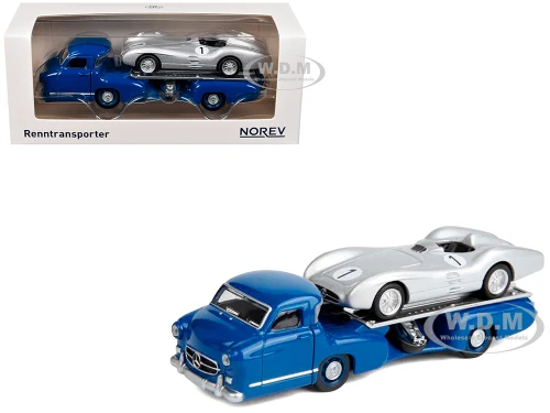 Mercedes Benz Renntransporter Flatbed Truck Blue and 1954 Mercedes Benz W196 #1 Silver Metallic 1/64 Diecast Model Car Norev 311000