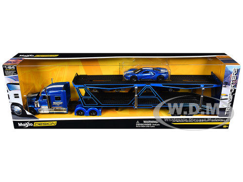 International Lonestar BlackTop Transport Open Car Hauler Blue Metallic with White Stripes and Graphics and 2019 Ford GT Blue Metallic with White Stripes Transporters Series 1/64 Diecast Models Maisto 11454BL