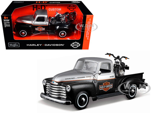 1950 Chevrolet 3100 Pickup Truck Harley Davidson Silver Metallic and Black with 1948 Harley Davidson FL Panhead Motorcycle Black HD Custom Series 1/24 Diecast Model Car Maisto 32198SLBK