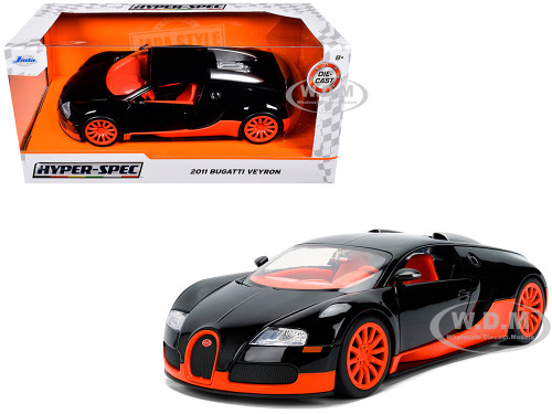 2011 Bugatti Veyron Black with Orange Accents and Orange Interior Hyper Spec Series 1/24 Diecast Model Car Jada 37642