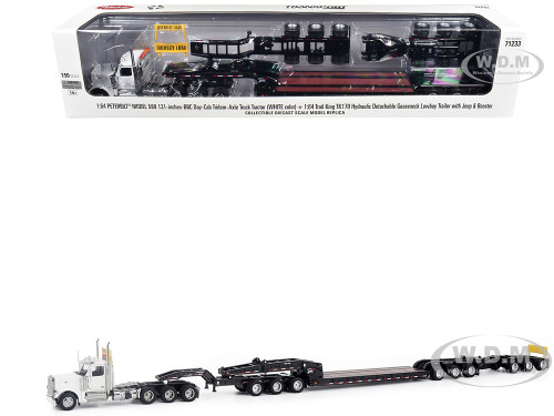 Peterbilt 589 Tridem Axle Truck Tractor with Day Cab and Trail King TK170 Hydraulic Detachable Gooseneck Lowboy Trailer with Jeep and Booster White Transport Series 1/64 Diecast Model Diecast Masters 71233