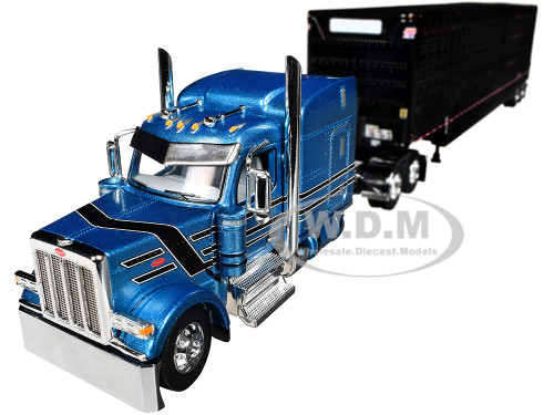 Peterbilt 589 with 72 Mid Roof Sleeper and Wilson Silverstar Livestock Trailer Bright Blue with Black Stripes and Trailer 1/64 Diecast Model DCP/First Gear 60-2172