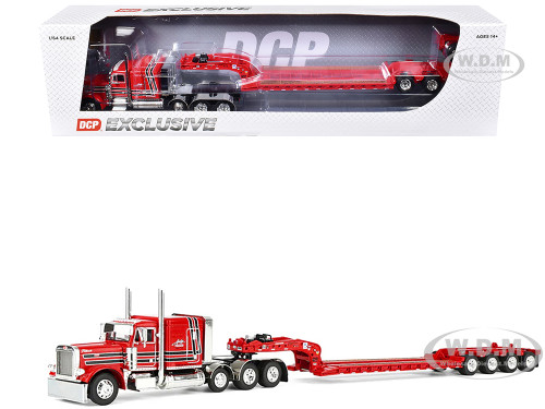 Peterbilt 379 with 63 Flat Top Sleeper and Fontaine Magnitude Lowboy Trailer with Fliptail Anty Trucking & Rigging Red with Black Stripes 1/64 Diecast Model DCP/First Gear 60-2355