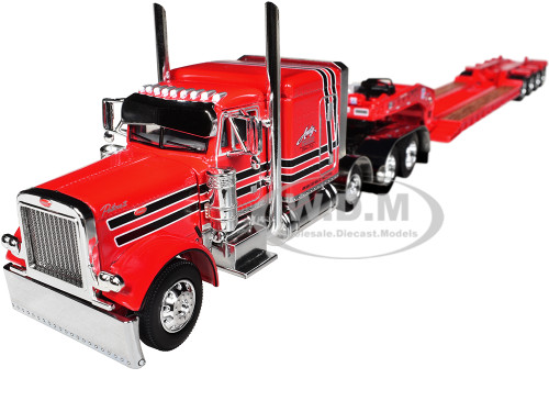 Peterbilt 379 with 63 Flat Top Sleeper and Fontaine Magnitude Lowboy Trailer with Fliptail Anty Trucking & Rigging Red with Black Stripes 1/64 Diecast Model DCP/First Gear 60-2355
