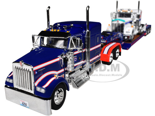 Kenworth W900L with 72 Aerocab Flat Top Sleeper Blue with White Stripes and Fontaine Magnitude Lowboy Trailer with Kenworth W900A Load White with Blue and Red Stripes America 250 1/64 Diecast Model DCP/First Gear 69-2311
