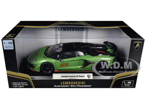 Lamborghini Aventador SVJ Roadster Green Metallic with Carbon Top and Gold Accents 1/18 Diecast Model Car Heimanba H1102GRN