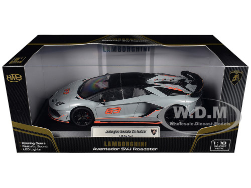 Lamborghini Aventador SVJ Roadster Matt Gray with Carbon Top and Orange Accents 1/18 Diecast Model Car Heimanba H1102GRY